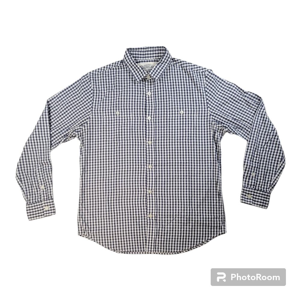 American Republic LG Men Navy Gingham Long Sleeve Button Down Shirt EUC Classic